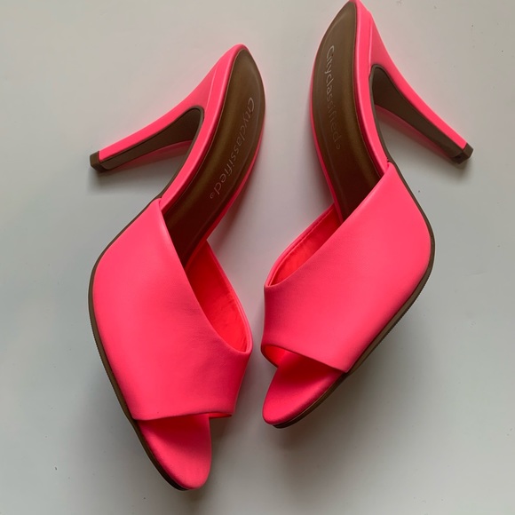 🎀 Neon Barbie pink slide sandals ladies high heels open toe.💞💋 - Picture 4 of 5